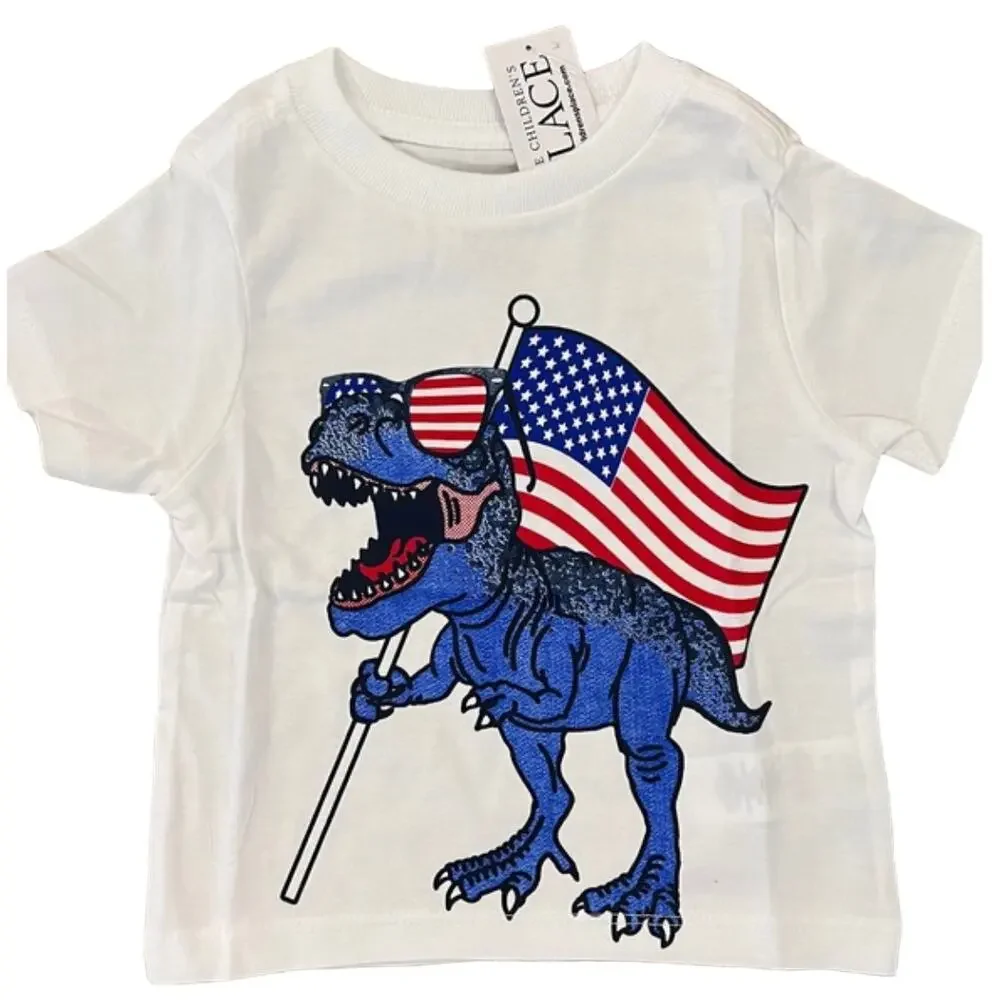NWT Children's Place White W/4th of July Dinosaur/Flag Graphic Tee - SIZE 6-9M